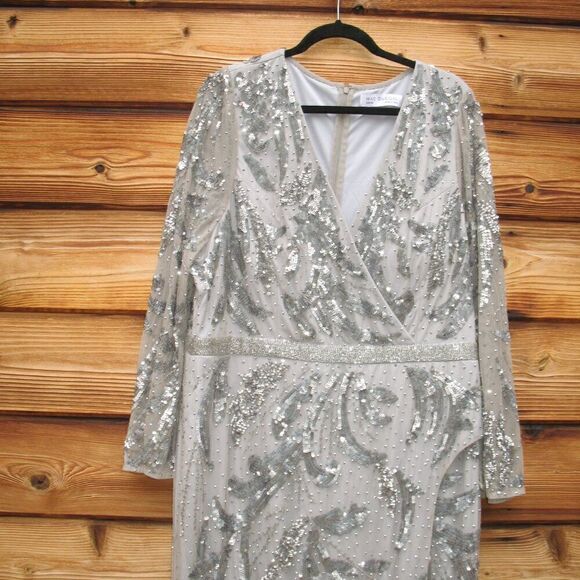 Mac Duggal 20263 Womens Silver SEQUINED FAUX WRAP SPLIT LONG SLEEVE GOWN Dress - Picture 7 of 14